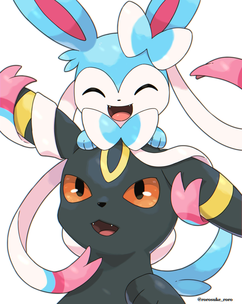 :d closed_eyes commentary_request fangs happy highres no_humans open_mouth pokemon pokemon_(creature) rorosuke smile sylveon tongue twitter_username umbreon white_background