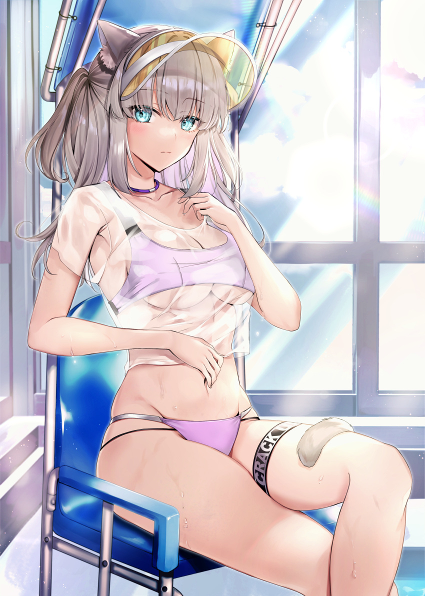 1girl absurdres animal_ears bangs bikini blue_eyes blush breasts cat_ears chair choker closed_mouth commentary_request eyebrows_visible_through_hair hane_yuki highres indoors large_breasts long_hair looking_at_viewer navel original platinum_blonde_hair pool poolside purple_bikini reward_available see-through sitting skindentation solo swimsuit thigh_strap thighs water_drop wet
