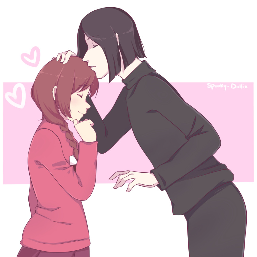 black_hair braid brown_hair closed_eyes forehead_kiss from_side hand_on_another's_head height_difference highres kiss leaning_forward madotsuki md5_mismatch resolution_mismatch skirt smile source_smaller spooky-dollie sweater yume_nikki