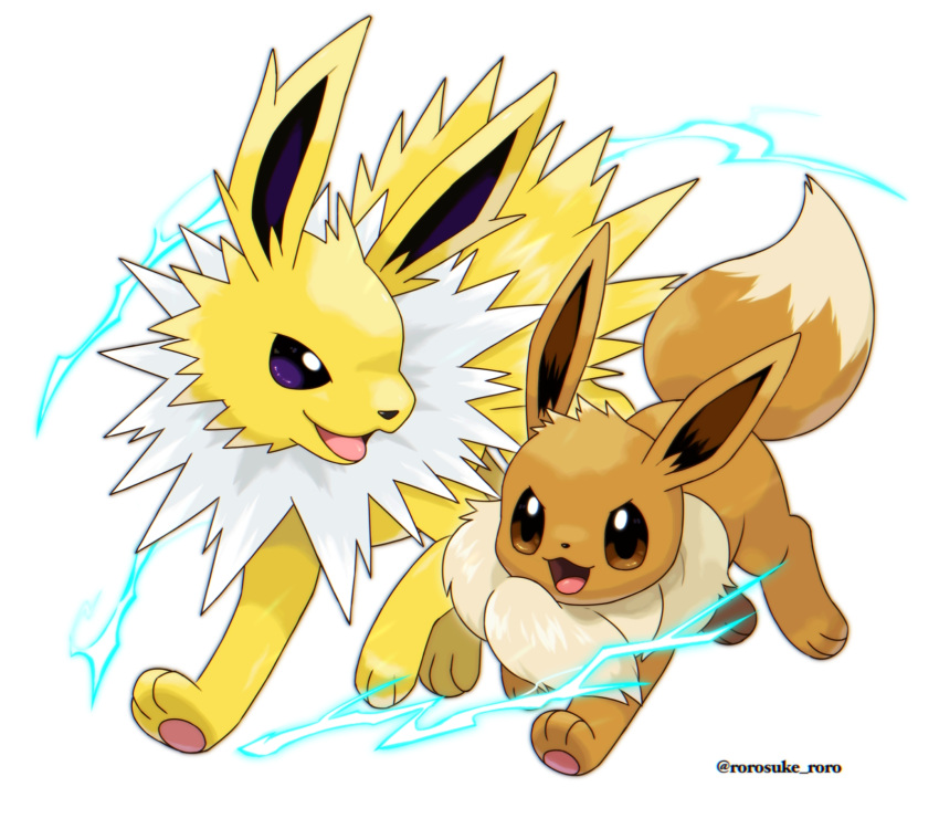 :d brown_eyes commentary_request eevee electricity highres jolteon no_humans open_mouth pokemon pokemon_(creature) rorosuke smile toes tongue twitter_username violet_eyes white_background