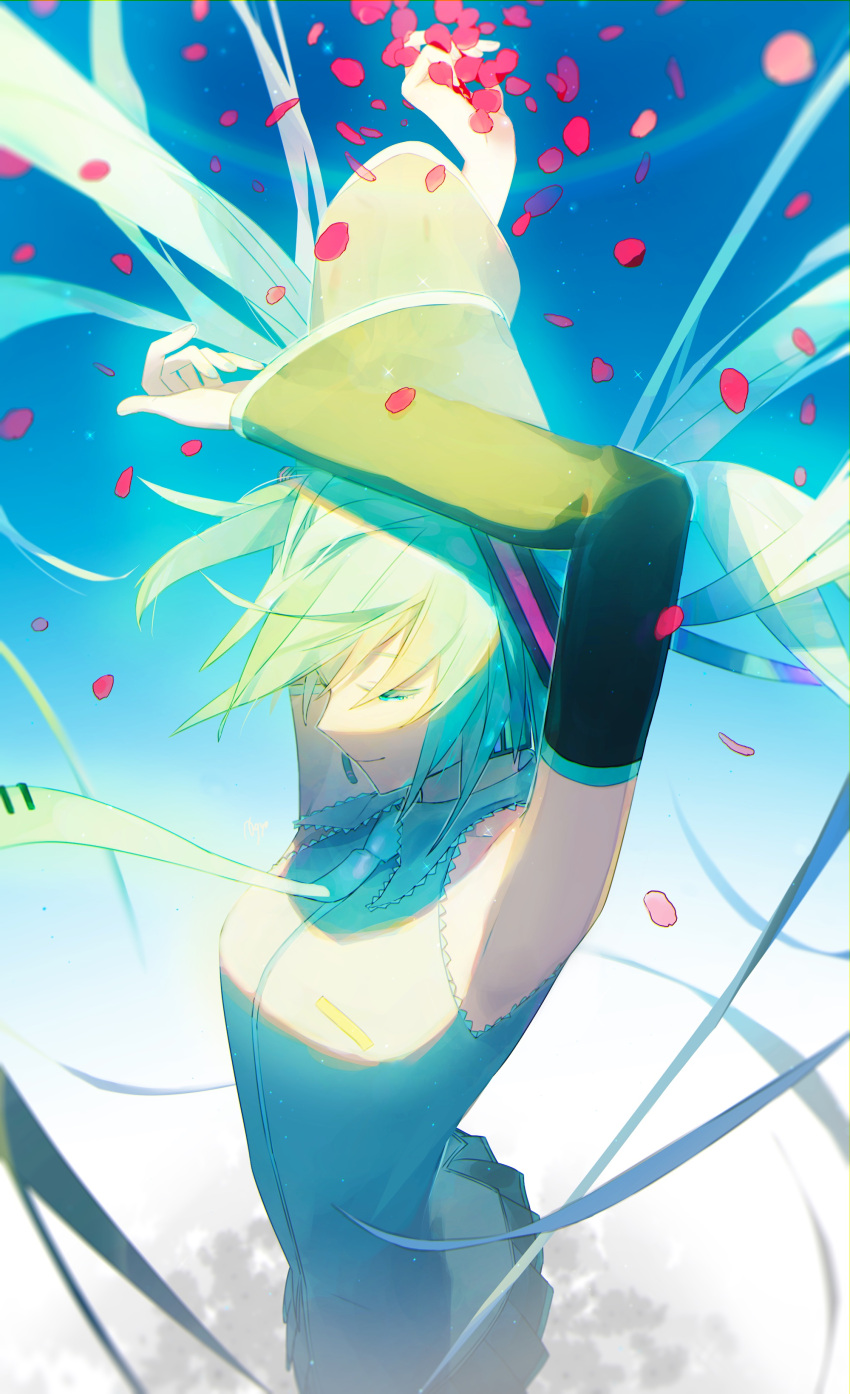 1girl absurdres agyou_sonokou_l aqua_eyes aqua_hair aqua_nails armpits arms_up black_skirt bloom blue_sky commentary cowboy_shot falling_petals floating_hair floating_necktie foreshortening from_above grey_shirt hair_ornament hatsune_miku headphones headset highres light_particles long_hair looking_down miniskirt nail_polish outstretched_arm petals pleated_skirt rainbow saihate_(vocaloid) shirt skirt sky sleeveless sleeveless_shirt smile solo twintails very_long_hair vocaloid