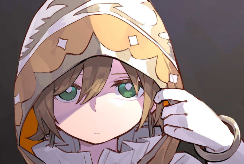 1girl bangle bangs bracelet bright_pupils closed_mouth commentary_request daiba_nana expressionless eyebrows_visible_through_hair frilled_shirt_collar frills gloves goe_(g-o-e) gradient gradient_background green_eyes grey_background hair_between_eyes highres hood hood_up jewelry light_brown_hair looking_at_viewer official_alternate_costume portrait short_hair shoujo_kageki_revue_starlight shoujo_kageki_revue_starlight_-re_live- solo white_gloves white_pupils