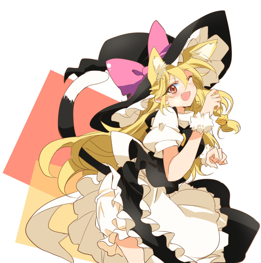 1girl ;d animal_ear_fluff animal_ears apron bangs bell black_headwear black_skirt black_vest blonde_hair bloomers blush bow braid brown_eyes cat_ears cat_tail commentary_request eyebrows_visible_through_hair fang frilled_apron frilled_skirt frills hat hat_bow hat_ribbon highres ichimura_kanata jingle_bell kemonomimi_mode kirisame_marisa long_hair looking_at_viewer one_eye_closed open_mouth paw_pose pink_bow puffy_short_sleeves puffy_sleeves ribbon shirt short_sleeves single_braid skirt smile solo standing tail touhou underwear upper_body vest white_apron white_shirt witch_hat