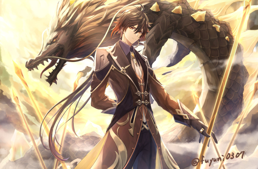 1boy bangs black_gloves black_hair brown_hair closed_mouth dragon earrings fuyuni0307 genshin_impact gloves gradient_hair hair_between_eyes highres jacket jewelry long_hair long_sleeves looking_back male_focus multicolored_hair ponytail single_earring solo tassel tassel_earrings yellow_eyes zhongli_(genshin_impact)