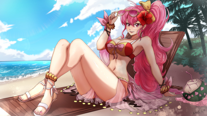 1girl absurdres alternate_costume ankle_ribbon anklet arm_support beach beach_chair bendy_straw big_hair bikini blurry blurry_background blush bow bracelet breasts clouds coconut crossed_legs drinking_straw english_commentary eyebrows_visible_through_hair fire_emblem fire_emblem:_new_mystery_of_the_emblem flower hair_bow hair_flower hair_ornament highres jewelry kamilisme large_breasts long_hair looking_at_viewer nail_polish navel ocean palm_tree phina_(fire_emblem) pink_bow pink_eyes pink_hair ponytail red_bikini red_flower ribbon sand sandals sarong second-party_source see-through shadow sidelocks sitting smile solo sunglasses swimsuit thighs tree two-tone_bikini very_long_hair white_bikini wrist_bow yellow_bow