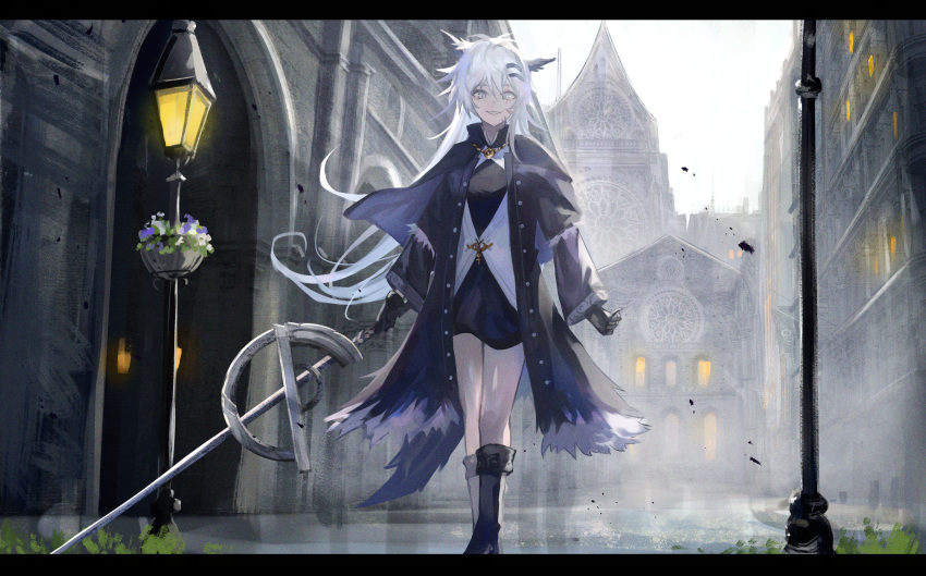 1girl absurdres animal_ears architecture arknights black_coat black_dress black_footwear boots building coat commentary dress full_body gothic_architecture grey_eyes hair_ornament hairclip highres holding holding_sword holding_weapon knee_boots lamppost lappland_(arknights) lappland_(refined_horrormare)_(arknights) letterboxed looking_at_viewer official_alternate_costume outdoors silver_hair solo sword tail thighs walking weapon wolf_ears wolf_tail xyunx