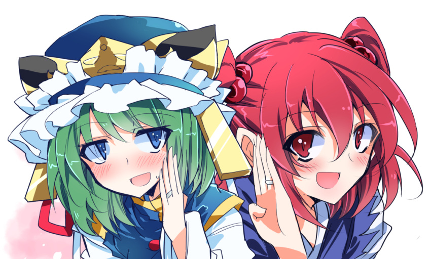 2girls :d asymmetrical_hair bangs blue_eyes blue_kimono blue_vest blush commentary_request eyebrows_visible_through_hair gold_trim green_hair hair_bobbles hair_ornament hat hat_ribbon ichimura_kanata japanese_clothes jewelry kimono long_sleeves looking_at_viewer multiple_girls onozuka_komachi open_mouth puffy_short_sleeves puffy_sleeves red_eyes redhead ribbon ring shiki_eiki shirt short_sleeves smile sweatdrop touhou two_side_up upper_body vest wedding_band white_shirt wife_and_wife
