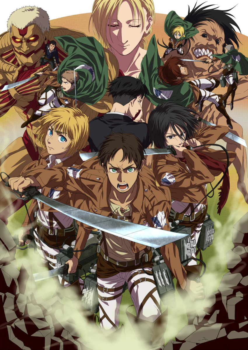 4girls 6+boys annie_leonhardt armin_arlert armored_titan battle bertolt_hoover black_hair capelet christa_renz connie_springer cropped_jacket dark-skinned_male dark_skin eren_yeager giant giant_male green_capelet highres jacket jaw_titan jean_kirchstein leather leather_jacket levi_(shingeki_no_kyojin) mikasa_ackerman multiple_boys multiple_girls pants paradis_military_uniform sasha_braus shingeki_no_kyojin short_hair spoilers steam three-dimensional_maneuver_gear white_pants zyunya