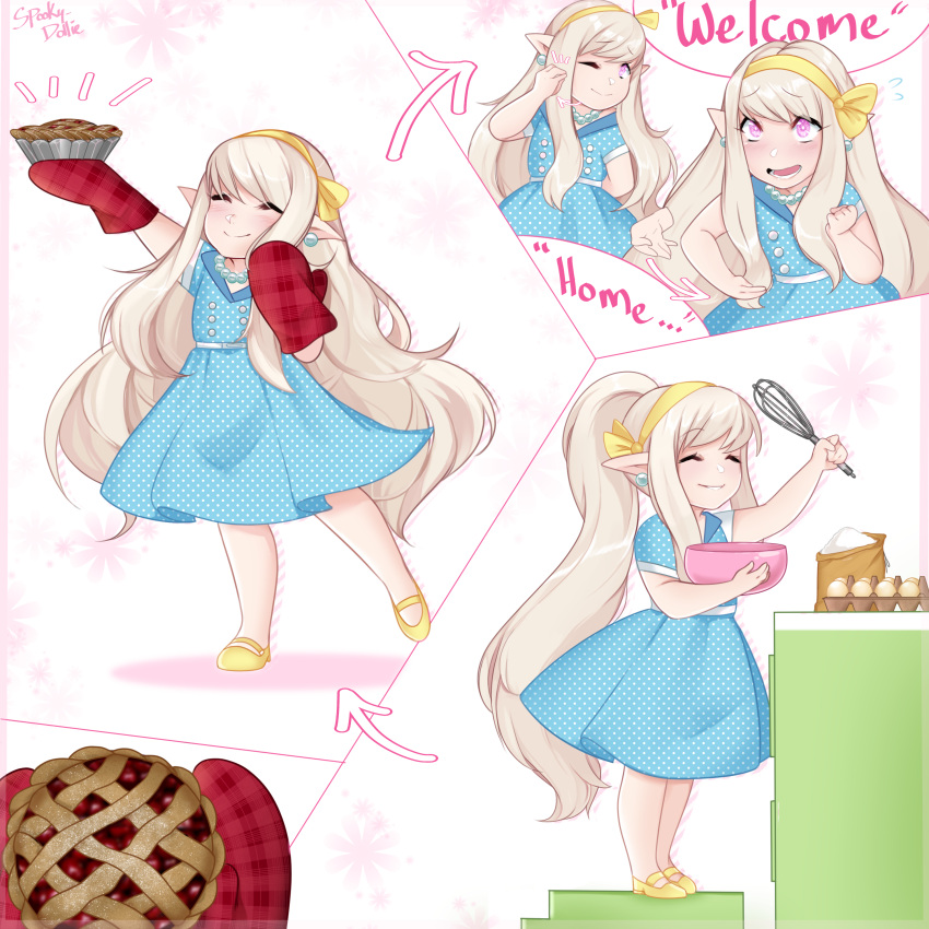 1950s_(style) 1girl absurdres blonde_hair cooking dress final_fantasy final_fantasy_xiv food headband highres lalafell long_hair pastel_colors petite pie pointy_ears polka_dot sign_language smile spooky-dollie very_long_hair vintage_clothes whisk