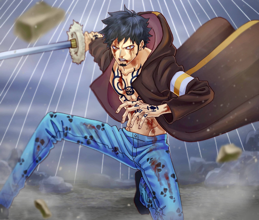 1boy absurdres bare_pectorals black_hair blood blood_from_mouth chest_tattoo coat commentary_request denim facial_hair fighting_stance foot_out_of_frame goatee highres holding holding_sword holding_weapon hood hood_down jaguar_print jeans long_sideburns looking_at_viewer male_focus one_piece open_clothes open_coat pants pectorals short_hair sideburns solo sword tattoo toned toned_male toyoura_(23066494) trafalgar_law weapon wind