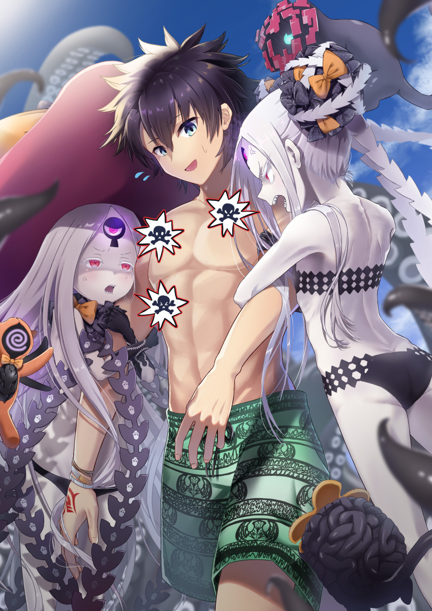 1boy 2girls abigail_williams_(fate) abigail_williams_(swimsuit_foreigner)_(fate) absurdres bangs bare_shoulders bikini black_bikini black_bow black_headwear blue_eyes bow breasts colored_skin double_bun dress dual_persona fate/grand_order fate_(series) fujimaru_ritsuka_(male) grey_skin hair_bow hat highres jealous keyhole long_hair looking_at_another multiple_bows multiple_girls multiple_hair_bows orange_bow polka_dot polka_dot_bow red_eyes reo-illust4696 small_breasts smile swimsuit third_eye very_long_hair white_hair