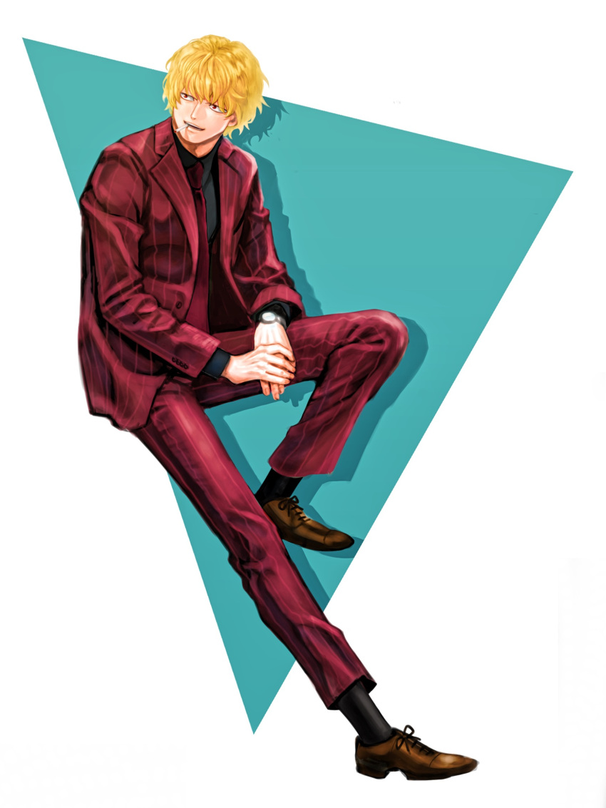 1boy alternate_costume alternate_hairstyle blonde_hair cigarette collared_shirt commentary_request donquixote_rocinante formal full_body highres male_focus necktie one_piece red_suit shirt short_hair solo striped toyoura_(23066494) watch watch younger