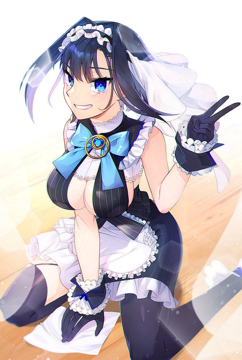 adapted_costume alternate_costume asymmetrical_clothes black_gloves black_legwear blue_eyes blue_hair blue_ribbon bow bow_earrings breasts chain cleavage_cutout clothing_cutout earrings enmaided frills from_side gloves grin hair_intakes halo head_chain headband highres holocouncil hololive hololive_english jewelry kneeling large_breasts looking_at_viewer maid mechanical_halo miniskirt ouro_kronii ribbon ribbon_earrings shirt short_hair skirt sleeveless sleeveless_shirt smile tantan_(xrvf2288) thigh-highs under_boob underboob_cutout v veil virtual_youtuber zettai_ryouiki