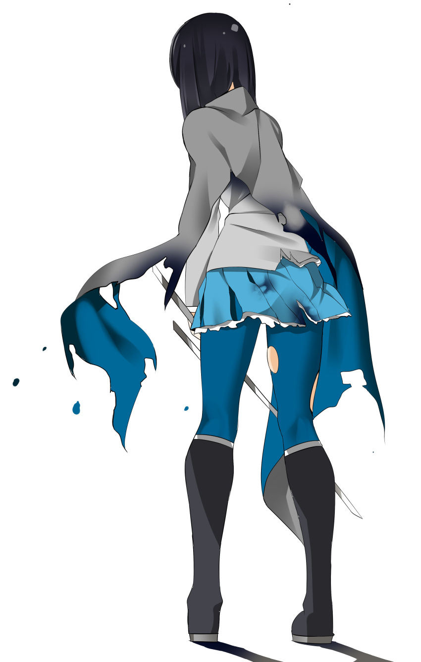 1girl absurdres black_footwear black_hair blue_cape blue_legwear blue_skirt boots cape doko_tetora facing_away from_behind full_body grey_cape grey_jacket highres holding holding_sword holding_weapon jacket knee_boots kneepits long_hair long_sleeves miniskirt original pantyhose pleated_skirt rei_(doko_tetora) simple_background skirt solo standing sword torn_clothes torn_legwear torn_skirt two-sided_cape two-sided_fabric weapon white_background