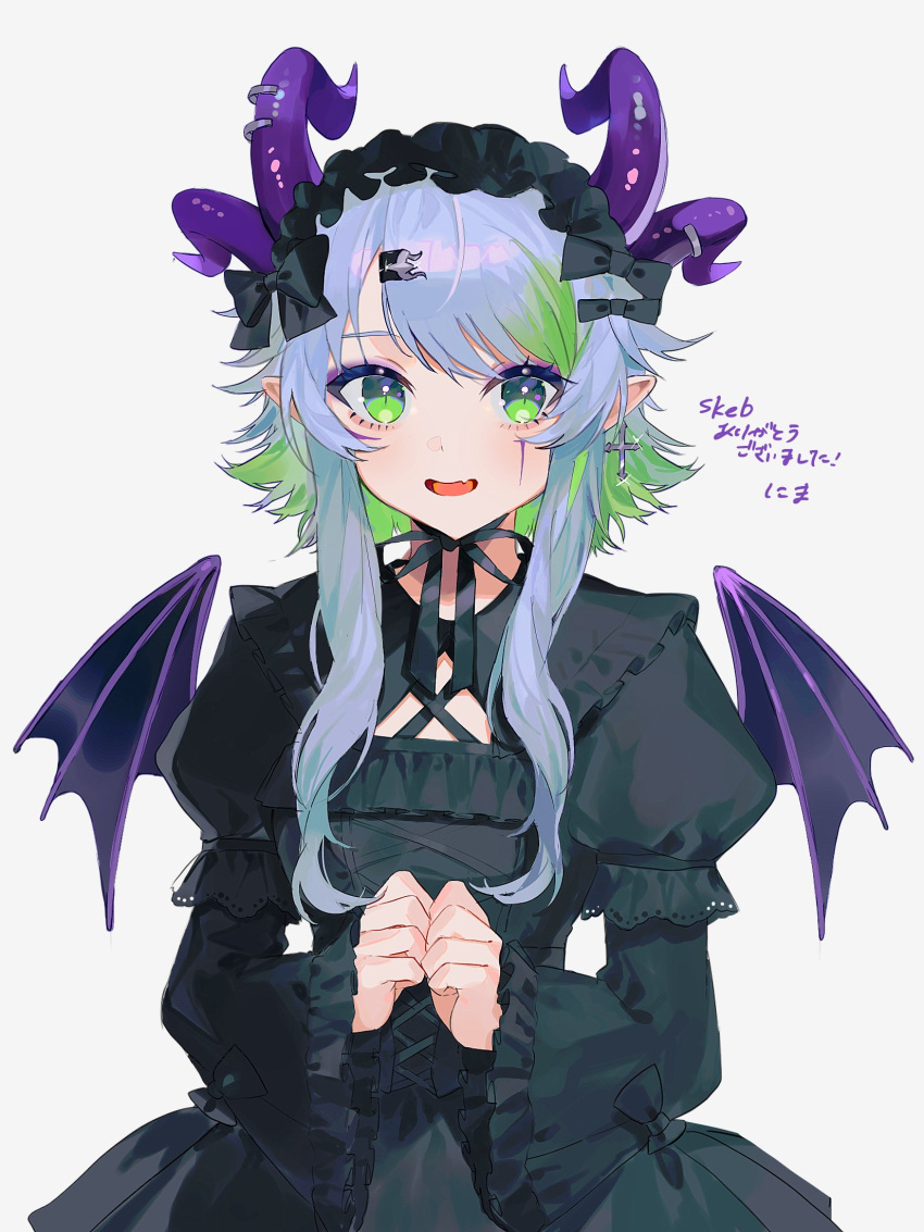 ! 1girl bsapricot_(vtuber) commission cross cross_earrings demon_girl demon_horns demon_wings earrings english_commentary gothic_lolita green_eyes green_hair highres horns jewelry lich lolita_fashion looking_at_viewer nima_(nimamann) open_mouth pointy_ears second-party_source simple_background skeb_commission solo tongue vshojo white_background wings
