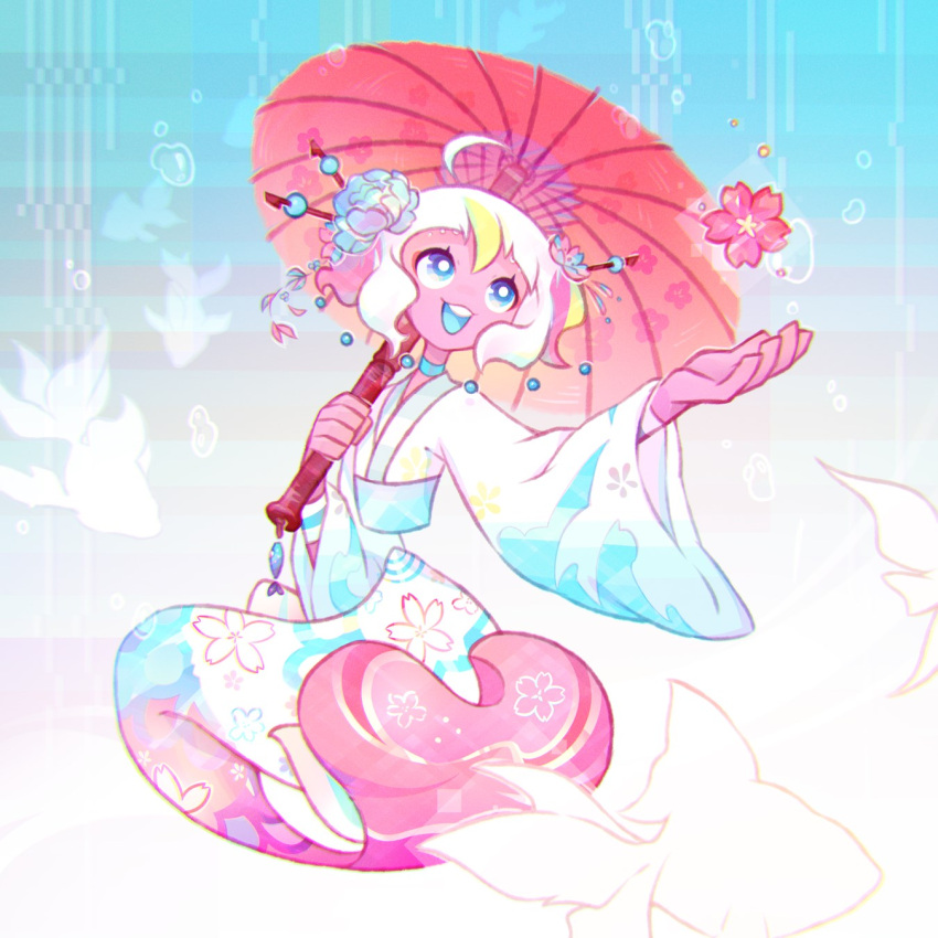 1girl blue_eyes flower happy holding kimono mermaid no_straight_roads parasol robot robot_girl sayu_(no_straight_roads) smile smthngjay solo white_hair