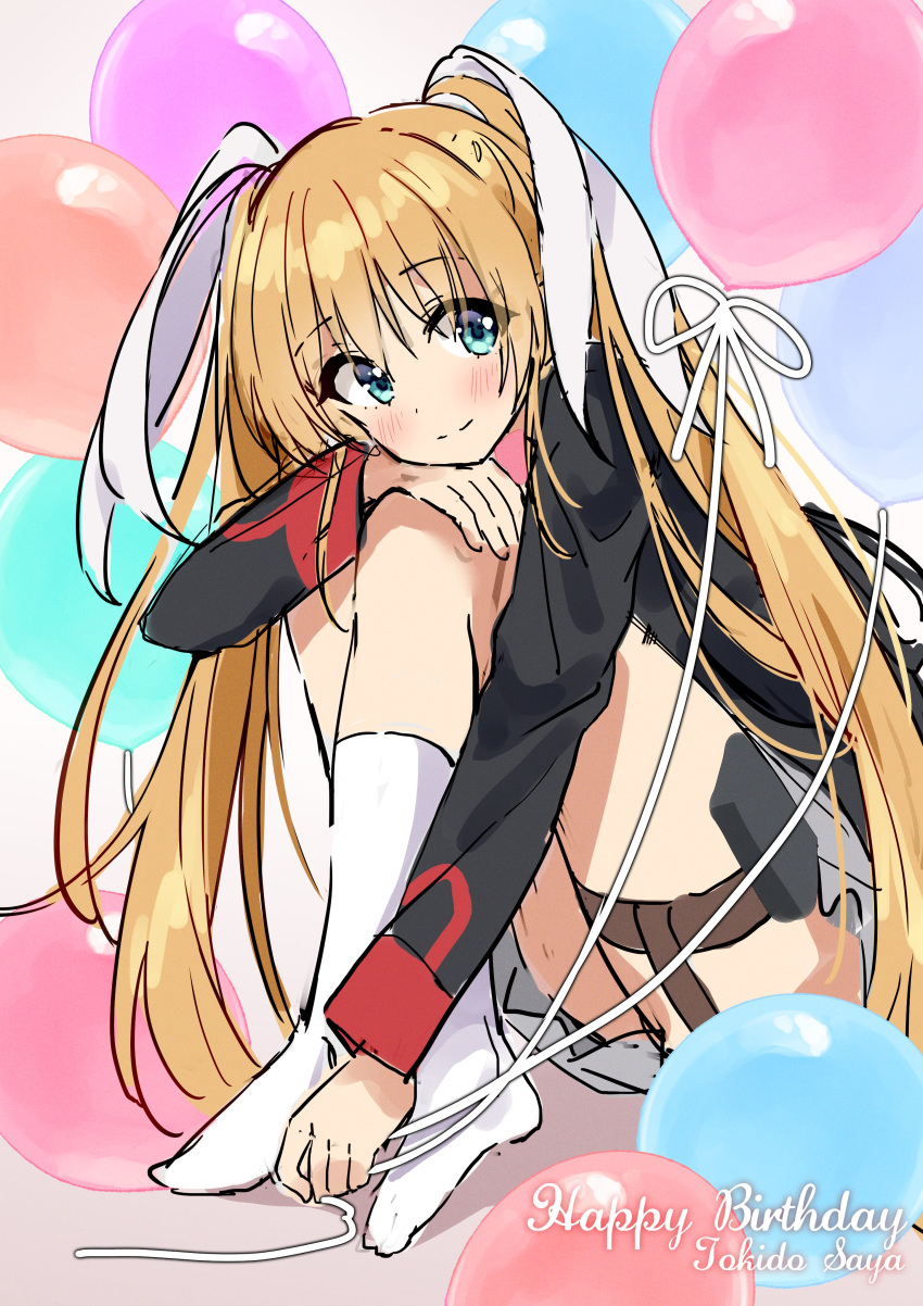 1girl absurdres balloon bangs black_jacket blonde_hair blush character_name chobi_(penguin_paradise) closed_mouth commentary_request eyebrows_visible_through_hair full_body green_eyes grey_background grey_skirt hair_between_eyes happy_birthday highres jacket knees_up little_busters! long_hair long_sleeves looking_at_viewer no_shoes pleated_skirt school_uniform sitting skirt smile socks solo tokido_saya very_long_hair white_legwear