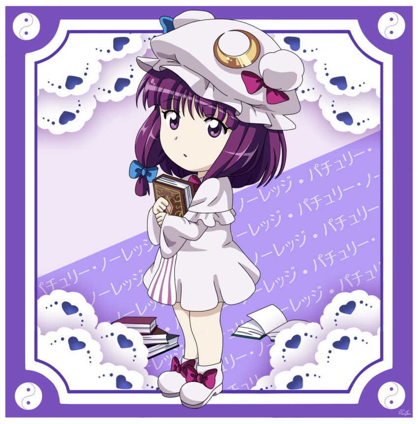 1girl alternate_hairstyle bangs blue_bow book bow cape character_name chibi crescent crescent_hat_ornament double_bun dress eyebrows_visible_through_hair from_side hair_between_eyes hair_bow hands_up hat hat_bow hat_ornament heart long_sleeves looking_at_viewer mob_cap open_mouth patchouli_knowledge pink_bow purple_background purple_dress purple_hair remyfive short_hair slippers solo standing striped striped_dress touhou violet_eyes white_cape white_dress white_footwear white_headwear wide_sleeves