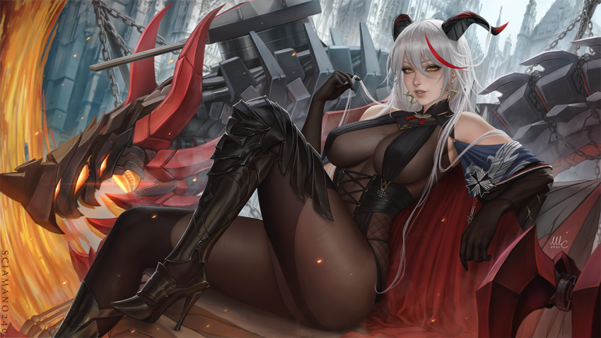 1girl aegir_(azur_lane) armored_boots artist_name ass asymmetrical_footwear azur_lane black_cape bodystocking boots breast_curtains breasts cape cross cross-laced_clothes cross_earrings demon_horns earrings hair_between_eyes hair_on_horn high_heels horns impossible_clothes iron_cross jewelry knee_boots large_breasts lips looking_at_viewer mechanical_dragon multicolored_hair nose redhead sciamano240 silver_hair single_knee_boot skin_tight sleeves streaked_hair two-tone_hair underbust uneven_footwear yellow_eyes