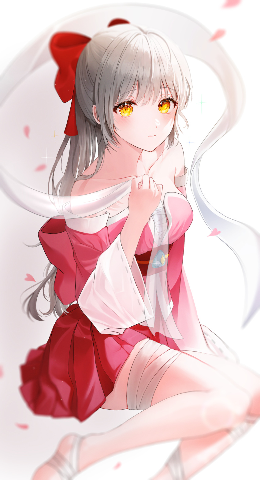 1girl absurdres bandaged_leg bandages blush bow closed_mouth detached_sleeves hagoromo hair_bow highres langmal long_hair looking_at_viewer miniskirt obi off-shoulder_kimono original pleated_skirt red_skirt sash shawl silver_hair sitting skirt solo wide_sleeves yellow_eyes