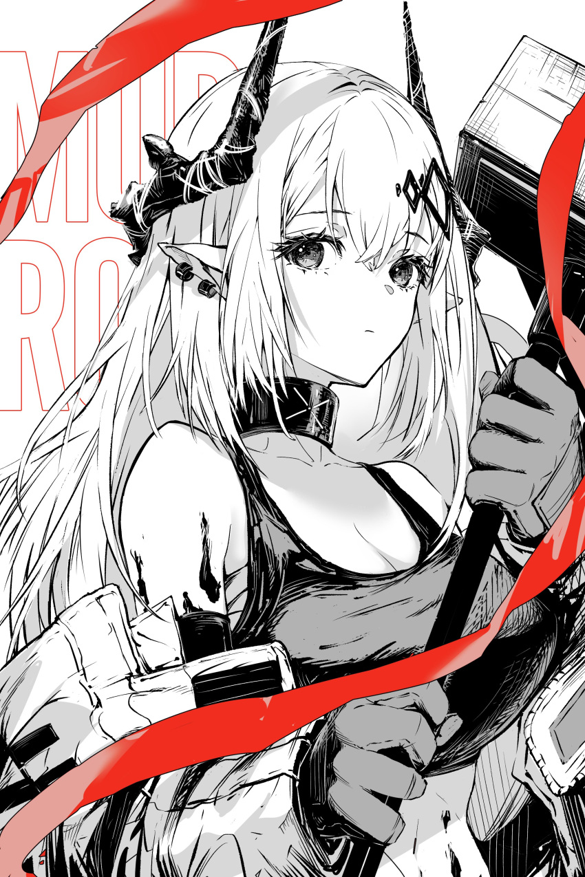 1girl absurdres arknights bangs bare_shoulders closed_mouth crop_top demon_girl demon_horns ear_piercing elite_ii_(arknights) gloves highres hirose_(10011) horns infection_monitor_(arknights) long_hair mudrock_(arknights) oripathy_lesion_(arknights) piercing pointy_ears solo spot_color tank_top war_hammer weapon