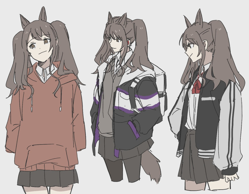 1girl 461_aki alternate_costume angelina_(arknights) animal_ears arknights bangs brown_eyes brown_hair closed_mouth fox_ears fox_girl fox_tail hand_on_hip hands_in_pockets hood hood_down hoodie jacket miniskirt open_clothes open_jacket pantyhose skirt solo tail twintails