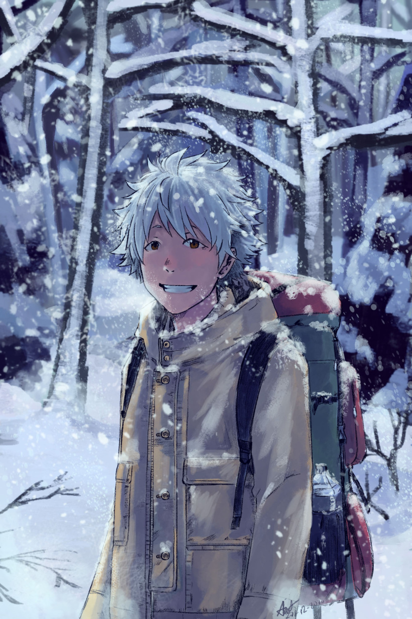 backpack bag bare_tree coat dumplinginthebox highres looking_at_viewer original outdoors short_hair smile snowing solo tree upper_body white_hair winter