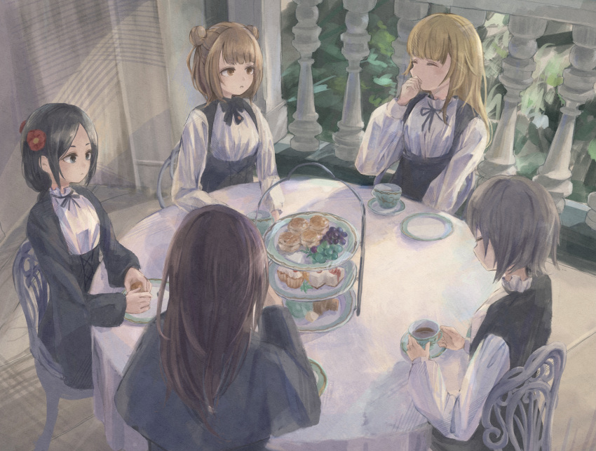 5girls absurdres ange_(princess_principal) beatrice_(princess_principal) black_bow black_eyes black_hair blonde_hair bow brown_eyes brown_hair chair closed_eyes cup cupcake dorothy_(princess_principal) double_bun flower food hair_flower hair_ornament highres kinakojojo laughing long_hair long_sleeves multiple_girls plate princess_(princess_principal) princess_principal railing school_uniform short_hair sitting sweets table tea teacup tiered_tray toudou_chise