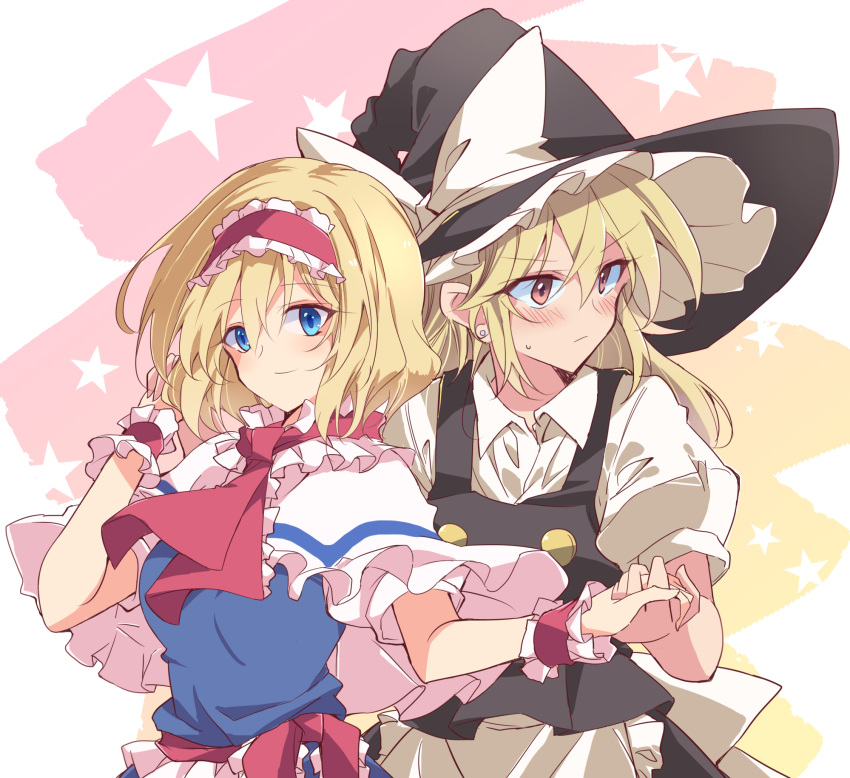 2girls alice_margatroid apron arm_up ascot bangs black_headwear black_vest blonde_hair blue_eyes blush bow closed_mouth dress earrings eyebrows_visible_through_hair frilled_hairband frills hair_between_eyes hairband hat highres holding_hands ichimura_kanata jewelry kirisame_marisa lolita_hairband long_hair looking_at_viewer looking_to_the_side multiple_girls red_hairband red_neckwear short_hair short_sleeves sidelocks smile standing sweatdrop touhou upper_body vest white_apron witch_hat yellow_eyes