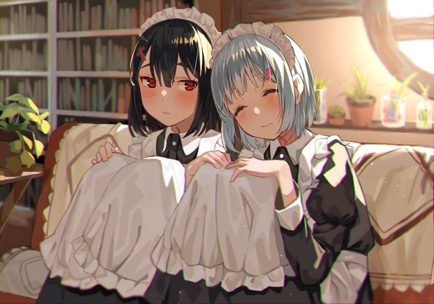 2girls apron bangs black_dress black_hair blurry blurry_background blush closed_eyes commentary_request couch dress eyebrows_visible_through_hair frills grey_hair hair_between_eyes hair_ornament hand_on_own_knee hands_on_own_knees highres indoors leaning_on_person long_sleeves maid maid_apron maid_headdress multiple_girls original red_eyes sen_(sennosenn1127) short_hair sitting sleeping sleeping_on_person sleeping_upright waist_apron yuri