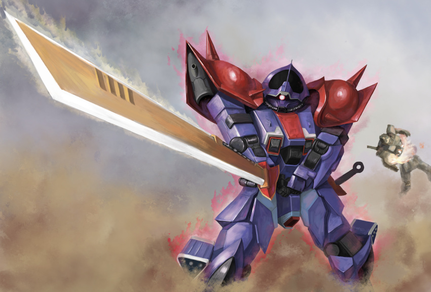 absurdres chinese_commentary efreet_custom explosion glowing glowing_eye glowing_weapon ground_gm gundam gundam_side_story:_the_blue_destiny highres holding holding_sword holding_weapon mecha mobile_suit no_humans one-eyed pink_eyes shoushan_qing_liu solo_focus sunrise_stance sword visor weapon zeon