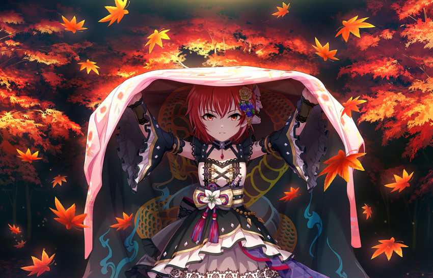 1girl alternate_costume artist_request autumn autumn_leaves bangs choker collarbone detached_sleeves dress falling_leaves flat_chest floral_print flower frilled_dress frills hair_flower hair_ornament idolmaster idolmaster_cinderella_girls idolmaster_cinderella_girls_starlight_stage leaf looking_at_viewer maple_leaf murakami_tomoe nature obi official_art outdoors red_eyes redhead rose_print sash serious short_hair solo tree wide_sleeves
