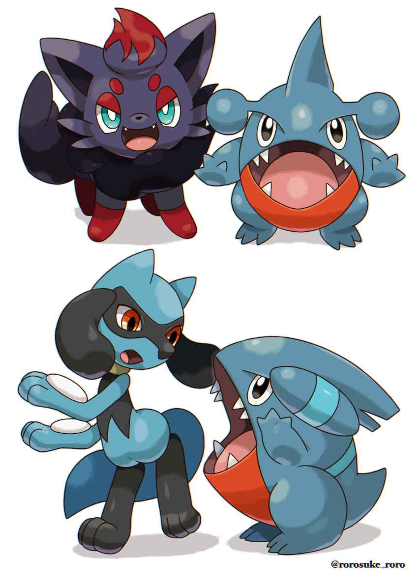 bright_pupils commentary_request fangs gible green_eyes highres looking_up no_humans open_mouth pokemon pokemon_(creature) riolu rorosuke sharp_teeth standing teeth toes tongue twitter_username white_background white_pupils zorua