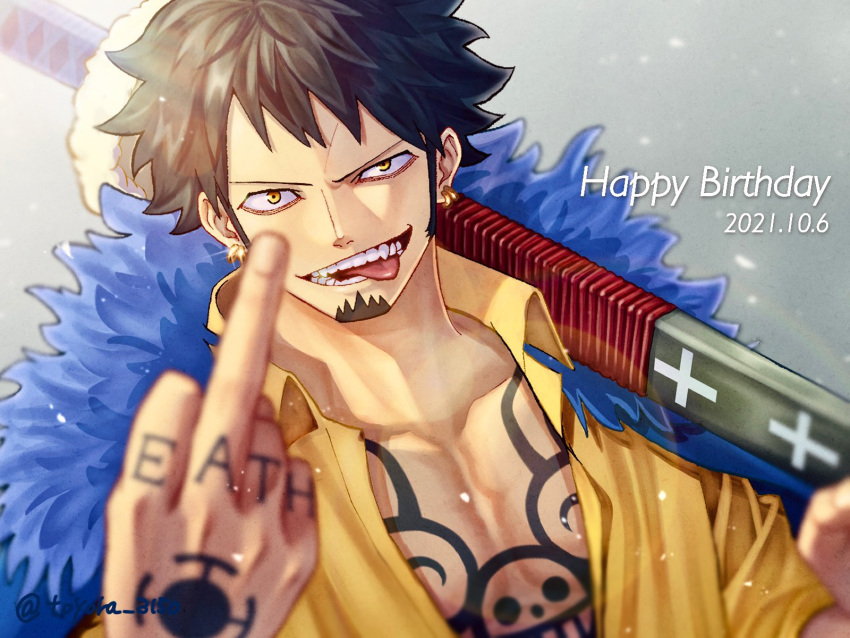 1boy black_hair chest_tattoo collared_shirt commentary_request facial_hair goatee highres jaguar_print long_sideburns looking_at_viewer male_focus middle_finger one_piece over_shoulder partially_unbuttoned pectoral_cleavage pectorals shirt short_hair sideburns solo sword sword_over_shoulder tattoo toned toned_male tongue tongue_out toyoura_(23066494) trafalgar_law upper_body weapon weapon_over_shoulder yellow_shirt