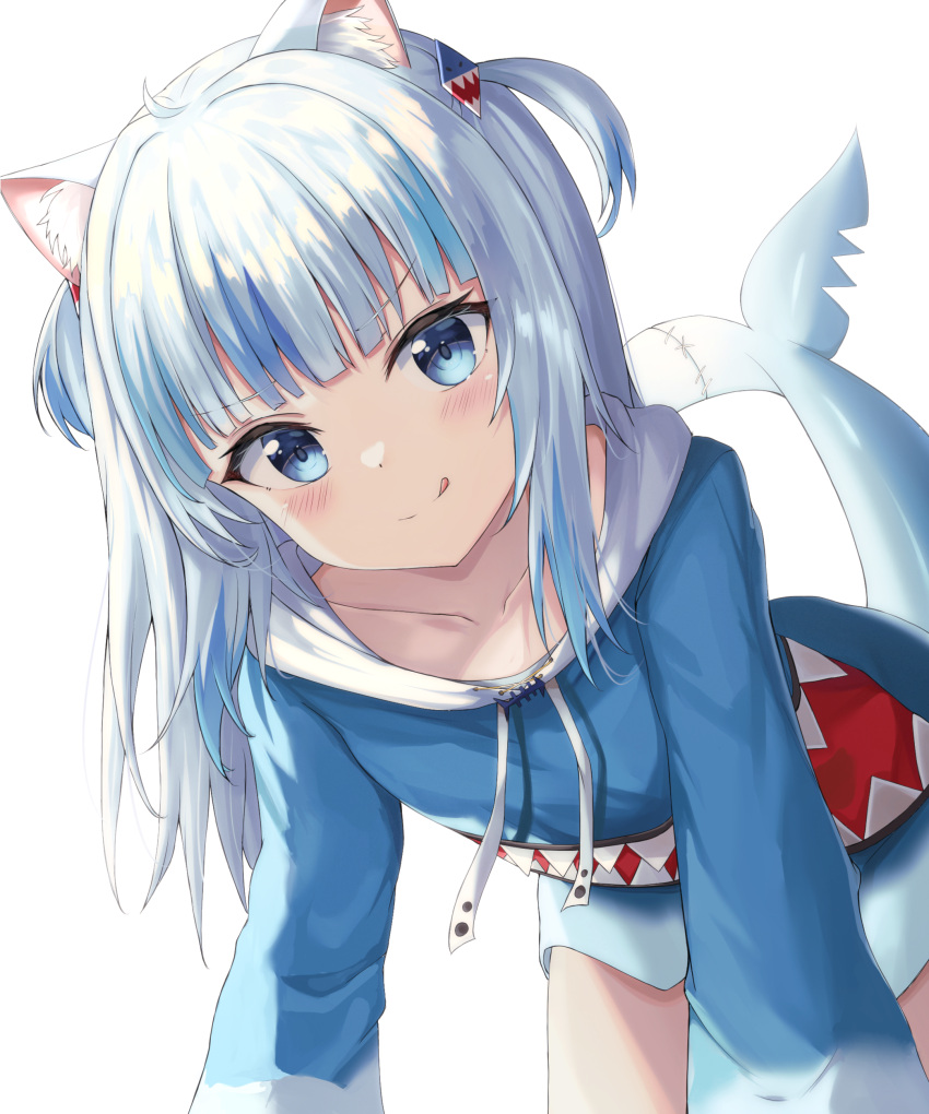 1girl :q absurdres ahoge all_fours animal_ear_fluff animal_ears bangs blue_eyes blue_hair blue_hoodie blunt_bangs blush cat_ears closed_mouth collarbone commentary eyebrows_visible_through_hair fish_tail gawr_gura highres hololive hololive_english hood hood_down hoodie long_hair long_sleeves looking_at_viewer multicolored_hair shark_tail silver_hair simple_background smile solo streaked_hair tail tongue tongue_out two-tone_hair two_side_up v-shaped_eyebrows virtual_youtuber white_background zeroillya