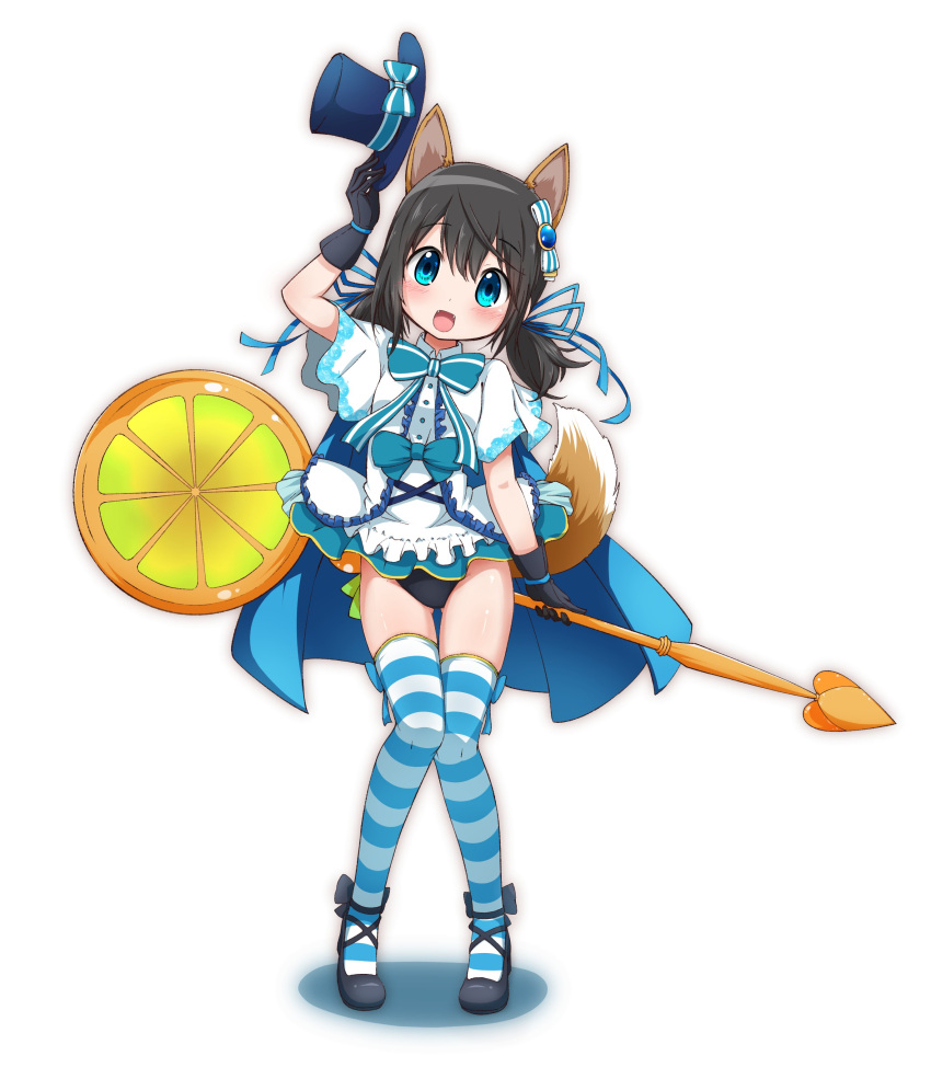 1girl absurdres animal_ears bangs black_footwear black_gloves black_hair black_panties blouse blue_bow blue_eyes blue_headwear blue_legwear blue_neckwear blue_ribbon bow bowtie chiaki_riko commentary dog_ears dog_tail food fruit full_body gloves hair_ornament hair_ribbon halloween halloween_costume hat highres holding holding_clothes holding_hat holding_staff kemonomimi_mode looking_at_viewer low_twintails magia_record:_mahou_shoujo_madoka_magica_gaiden mahou_shoujo_madoka_magica mary_janes medium_hair open_mouth orange_(fruit) orange_slice panties ribbon shadow shoes short_sleeves simple_background smile solo staff standing tail thigh-highs thigh_gap top_hat twintails underwear white_background white_blouse yanmaami