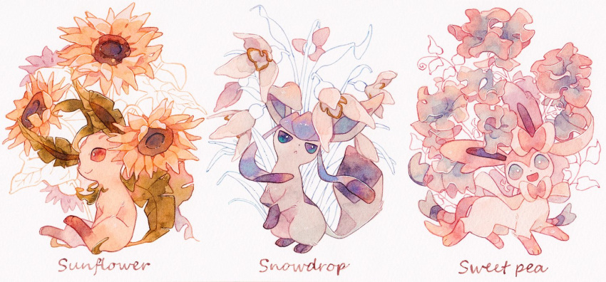 :&lt; blue_eyes brown_eyes closed_mouth flower glaceon leafeon looking_at_viewer no_humans oharu-chan open_mouth painting_(medium) pokemon pokemon_(creature) smile snowdrop_(flower) sunflower sweet_pea sylveon traditional_media watercolor_(medium) white_background