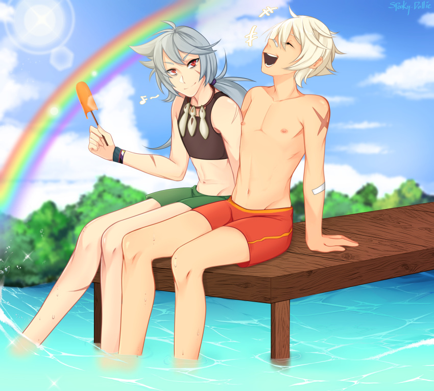 2boys absurdres bennett_(genshin_impact) binder blurry blurry_background clouds dock food genshin_impact grey_hair highres in_water lake long_hair looking_at_another male_swimwear multiple_boys popsicle rainbow razor_(genshin_impact) self_upload sitting smile spooky-dollie topless_male