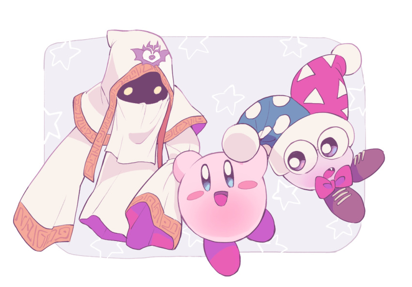1other 2boys blush blush_stickers border bow bowtie brown_footwear cloak emblem fang gold_trim hat hood hood_up hyness jester_cap kirby kirby:_star_allies kirby_(series) kirby_super_star looking_at_another marx mouth_veil multiple_boys no_arms open_mouth red_bow red_neckwear robe roku_(suzusuzu65972012) shaded_face sleeves_past_wrists starry_background veil very_long_sleeves violet_eyes white_border white_cloak white_headwear yellow_eyes