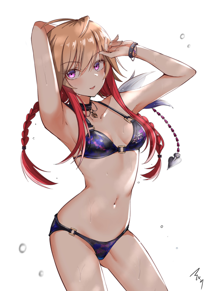 1girl absurdres arm_behind_head armpits bikini blush braid breasts brown_hair commentary_request highres idolmaster idolmaster_cinderella_girls looking_at_viewer mabanna midriff multicolored_hair navel ninomiya_asuka purple_bikini redhead small_breasts solo swimsuit twin_braids two-tone_hair violet_eyes white_background