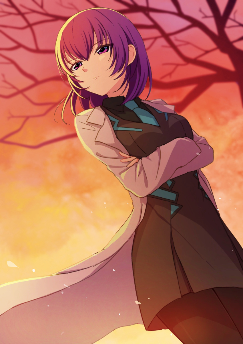 1girl absurdres bangs bare_tree black_shirt blue_neckwear breasts coat collared_shirt crossed_arms grey_jacket highres jacket kouzuki_yuuko labcoat looking_to_the_side medium_breasts medium_hair military military_uniform muvluv muvluv_alternative muvluv_alternative_(anime) necktie pantyhose purple_hair shirt solo sunset tree uniform utako_(kuromosuki) violet_eyes white_coat