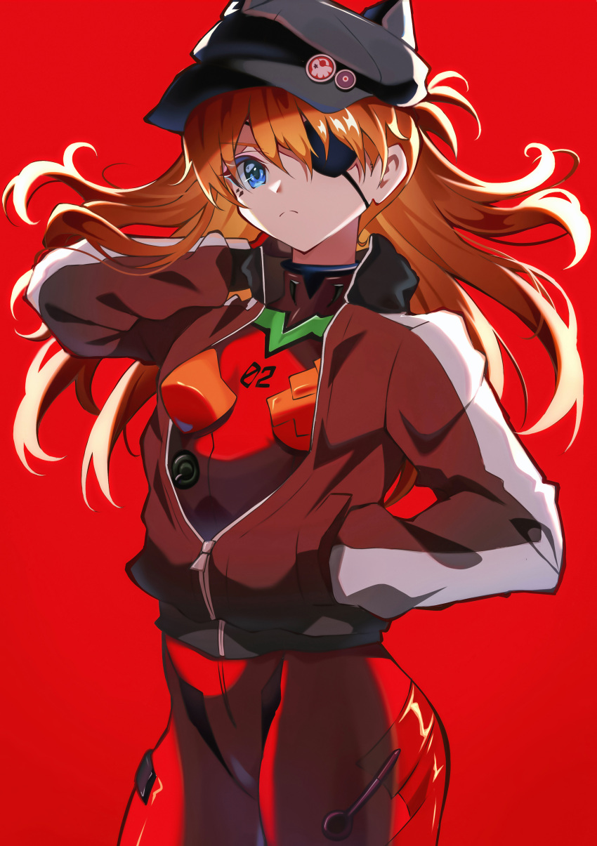 1girl absurdres bangs black_headwear closed_mouth cowboy_shot evangelion:_3.0_you_can_(not)_redo eyepatch hand_in_pocket hand_up hat high_collar highres jacket long_hair long_sleeves looking_at_viewer neon_genesis_evangelion open_clothes open_jacket pension_z plugsuit rebuild_of_evangelion red_background solo souryuu_asuka_langley standing