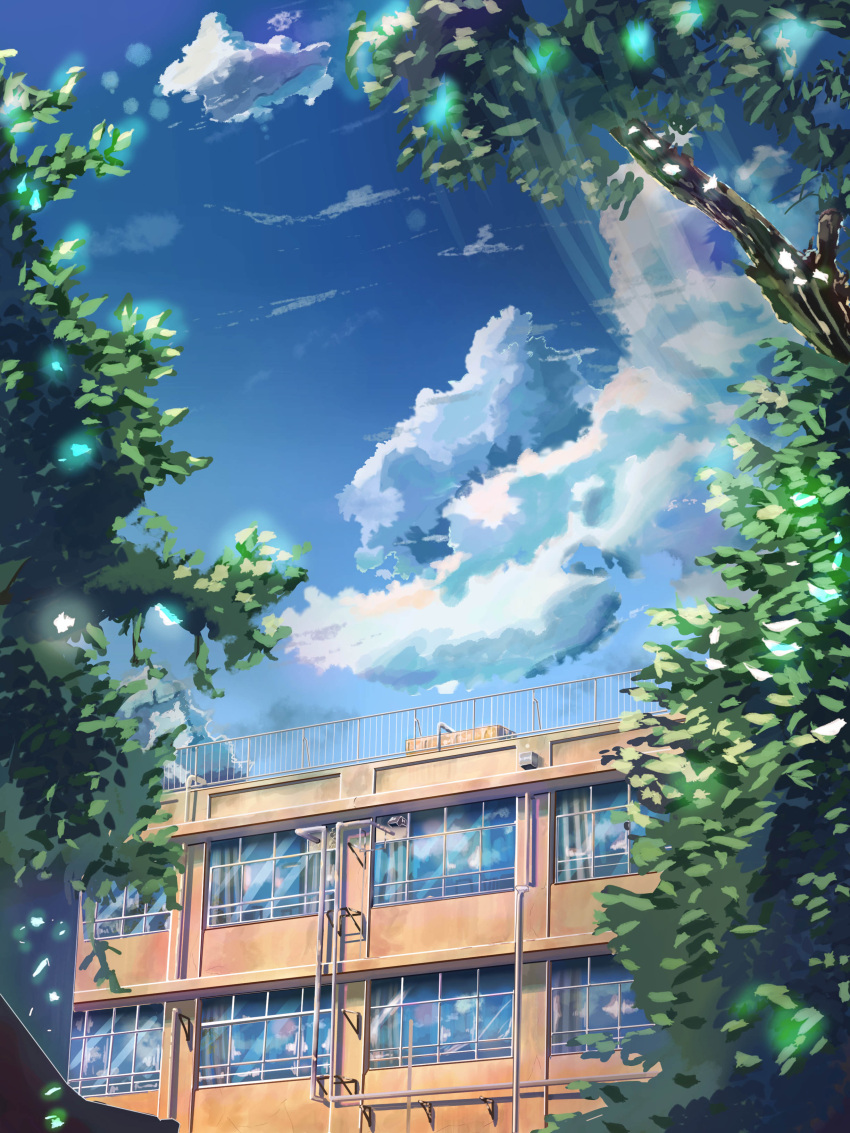 absurdres blue_sky branch building clouds commentary day highres leaf light_rays no_humans original outdoors pipe qdsn railing reflection scenery school sky tree window