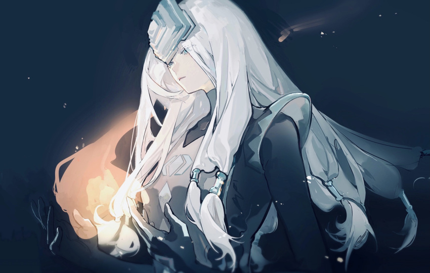 1girl black_background chenhuijiefensi closed_mouth eyes_visible_through_hair fire from_side grey_hair highres long_hair looking_down original sky:_children_of_the_light solo teth_(sky:_children_of_the_light) tied_hair white_hair