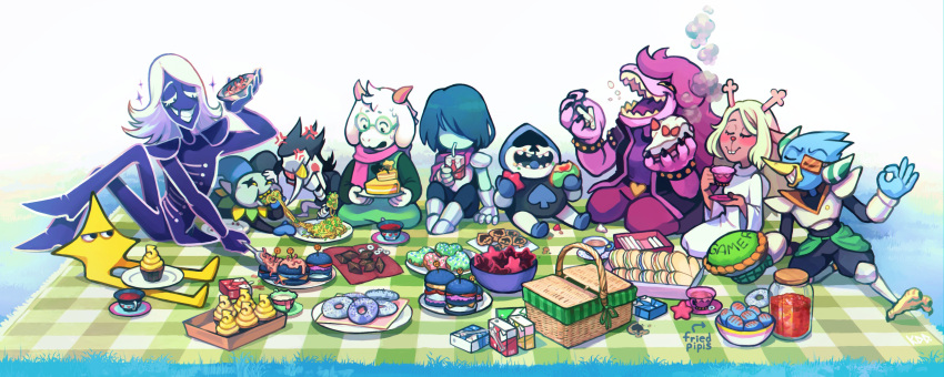 1other 2girls 6+boys absurdres antlers beak berdly_(deltarune) burger cookie cup cupcake deltarune eating food glasses goat_horns highres horns jevil juice_box ketrindarkdragon kris_(deltarune) lancer_(deltarune) monster_boy monster_girl multiple_boys multiple_girls noelle_holiday picnic picnic_basket ralsei reindeer_antlers rouxls_kaard sandwich sharp_teeth sitting smile spamton_g._spamton susie_(deltarune) teacup teeth