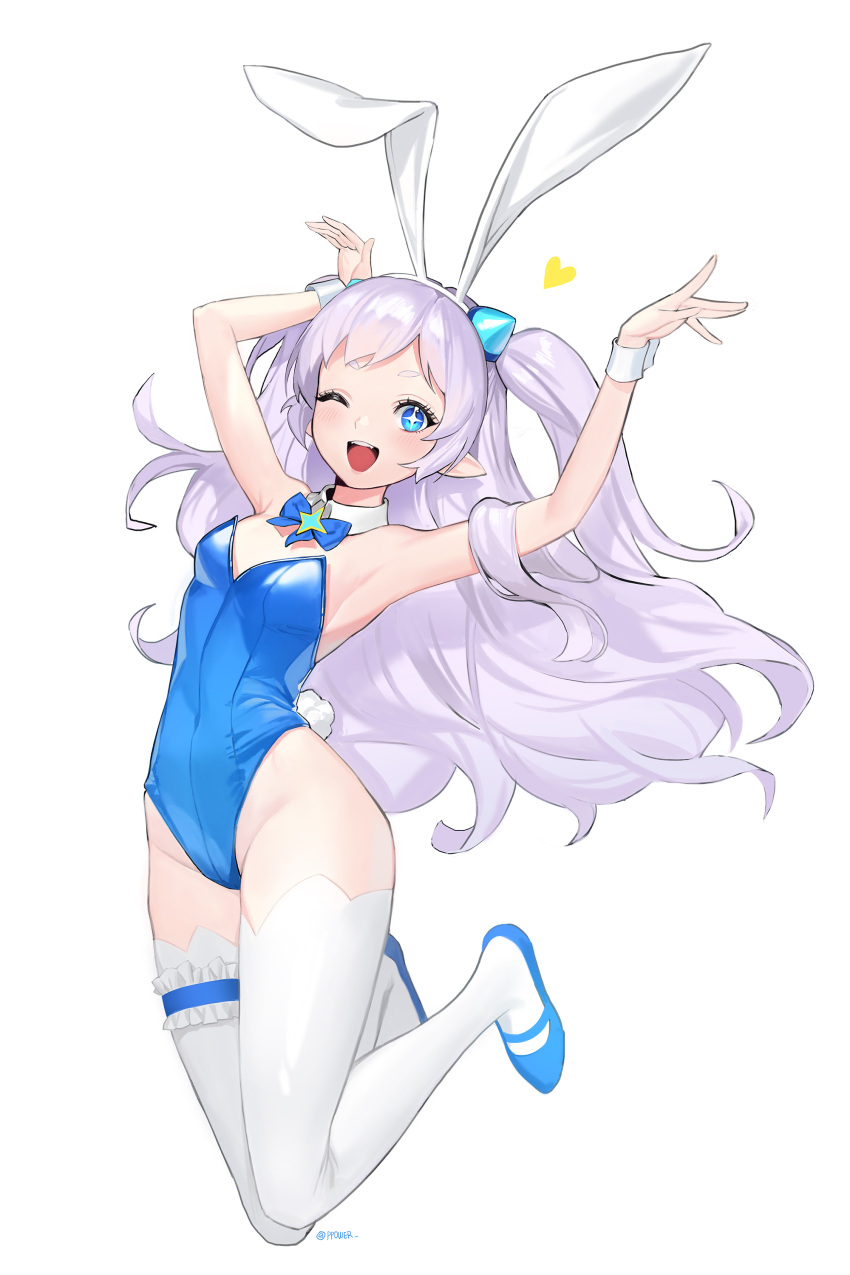 +_+ 1girl absurdres animal_ears blue_eyes blue_footwear blue_leotard blue_neckwear bow bowtie commentary detached_collar elsword full_body hair_bobbles hair_ornament highres leotard luciela_r._sourcream one_eye_closed open_mouth playboy_bunny power_(lu_power) rabbit_ears rabbit_tail round_teeth silver_hair simple_background smile solo star-shaped_pupils star_(symbol) strapless strapless_leotard symbol-shaped_pupils tail teeth thigh-highs two_side_up upper_teeth white_background white_legwear wrist_cuffs