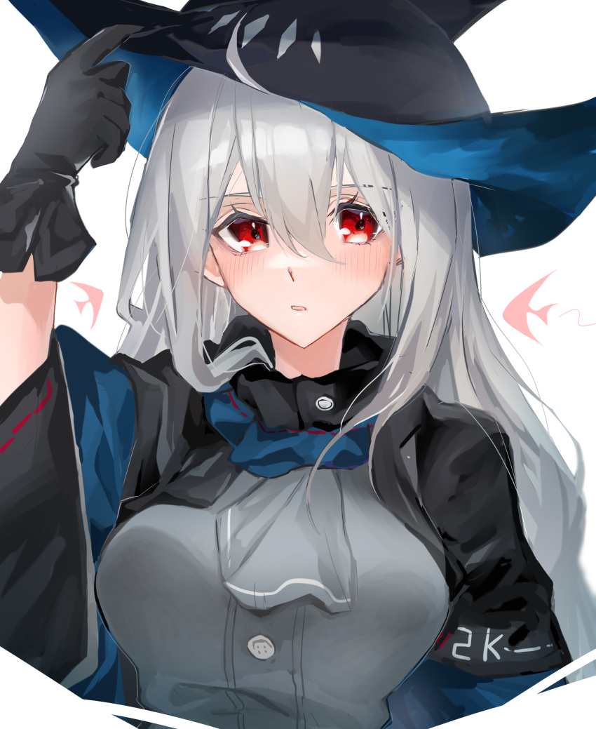 1girl absurdres adjusting_clothes adjusting_headwear arknights ascot black_capelet black_gloves black_headwear blush breasts capelet commentary eyebrows_visible_through_hair gloves grey_neckwear grey_shirt hair_between_eyes hand_on_headwear hat highres kaguura_(kagu) long_hair looking_at_viewer medium_breasts parted_lips red_eyes shirt silver_hair simple_background skadi_(arknights) solo upper_body white_background