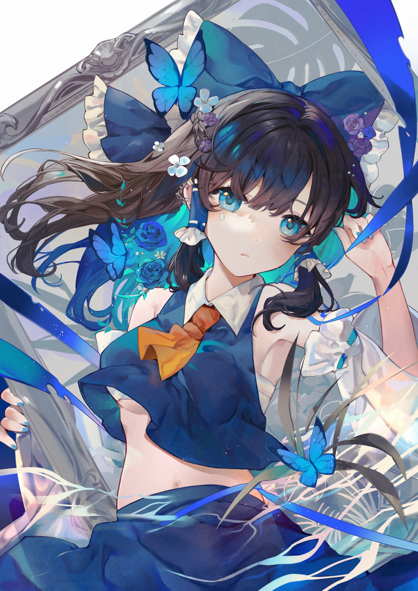 1girl alternate_color arm_up ascot bangs blue_bow blue_eyes blue_flower blue_nails blue_rose blue_skirt blue_vest bow breasts brown_hair bug butterfly collared_shirt commentary_request detached_sleeves elise_(piclic) flower frilled_bow frills hair_bow hair_flower hair_ornament hakurei_reimu highres light_blush long_hair long_sleeves looking_at_viewer midriff nail_polish navel nontraditional_miko ponytail rose sarashi shirt sidelocks skirt solo stomach touhou under_boob upper_body vest wide_sleeves wing_collar yellow_neckwear
