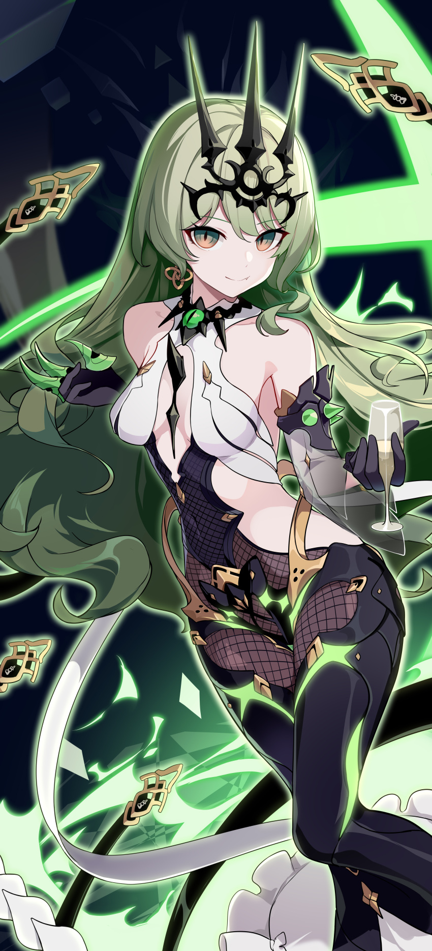 1girl absurdres alcohol asymmetrical_gloves bangs bare_shoulders black_dress black_gloves champagne claw_ring closed_mouth collarbone cup cupping_glass dress earrings fang fang_out gloves green_eyes green_hair hair_between_eyes headpiece highres holding holding_cup honkai_(series) honkai_impact_3rd jewelry long_hair looking_at_viewer mobius_(honkai_impact) sleeveless sleeveless_dress smile solo uneven_gloves wawako_mama