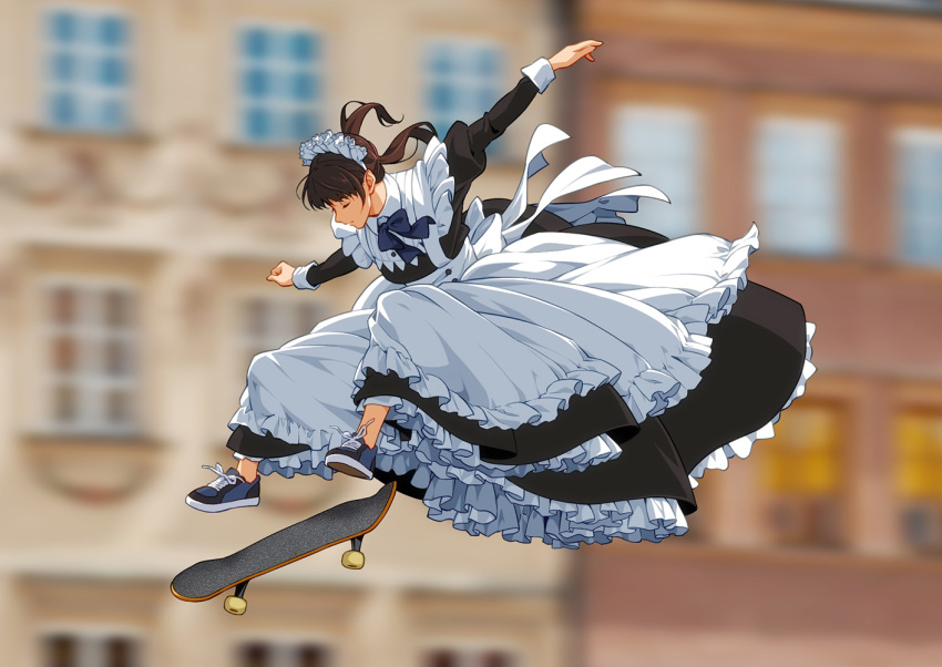 1girl apron bangs blue_neckwear blurry bow bowtie brown_hair building closed_eyes dress english_commentary frilled_apron frills full_body low_twintails maid maid_apron maid_headdress medium_hair midair motion_blur original outdoors outstretched_arms shoes skateboard skateboarding sneakers solo suzushiro_(suzushiro333) town twintails window
